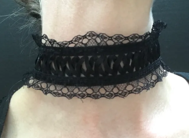 Handmade Corset Necklace Black Lace Choker Lace Up Lattice Stretch Goth Wedding