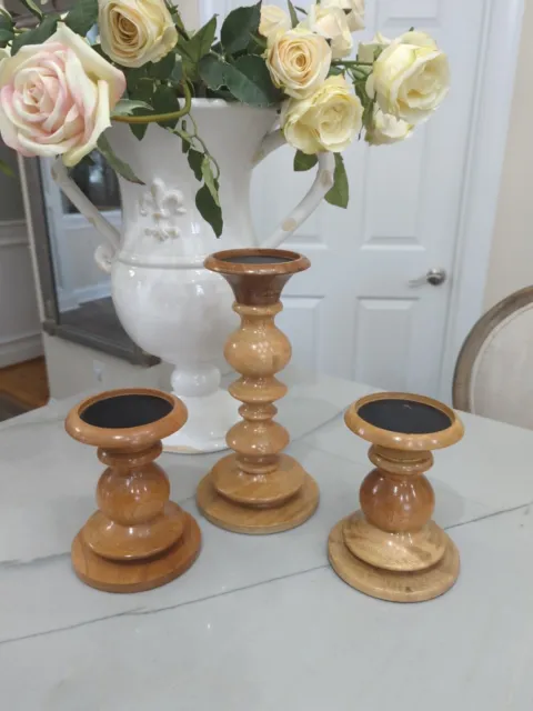 Set 3 Pottery Barn Turned Fruitwood Pillar Candle Holder