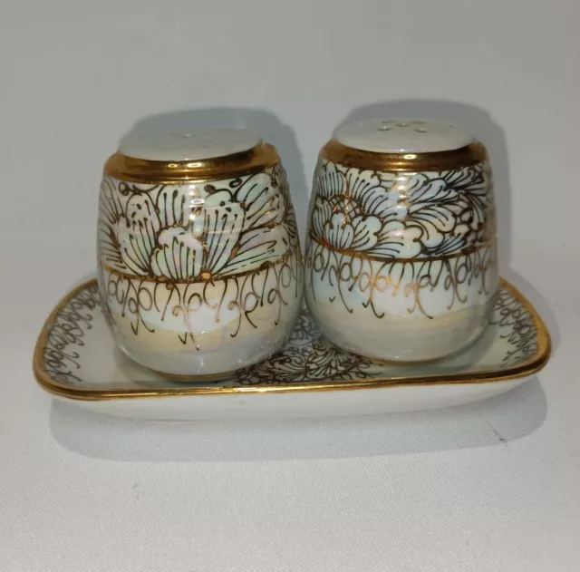 Vintage Ceramic Hand Painted Gold Floral on Rainbow Lustre Salt & Pepper Shakers