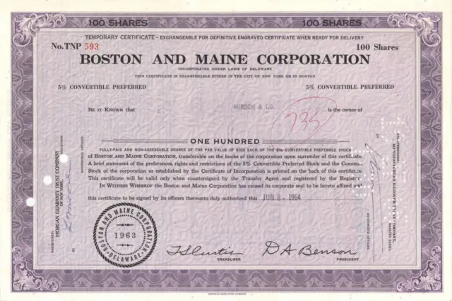 Boston and Maine Corp. - Stock Certificate - Railroad Stocks