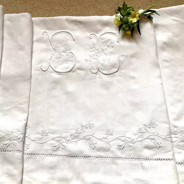 Antique Vintage French Lrg Pure Linen Monogram Sheet "S C"