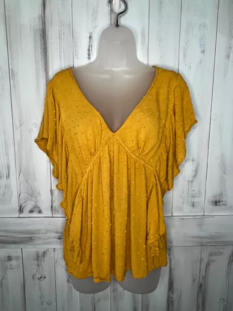 Womens Kori America Mustard Yellow Embroidered Flutter Sleeve Flowy Boho Top M