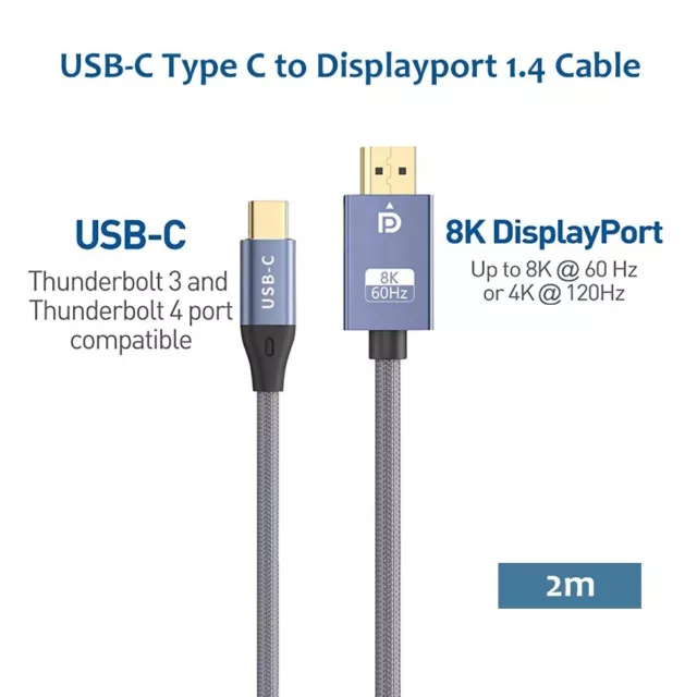 USB-C Type C to DisplayPort DP 1.4 Cable UHD 8K@60Hz 4K@120Hz Thunderbolt 3 4 2