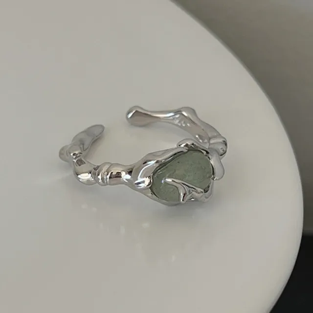 Silver Plated Liquid Lava Hetian Jade Bamboo Ring For Girl Gift IrregulDC