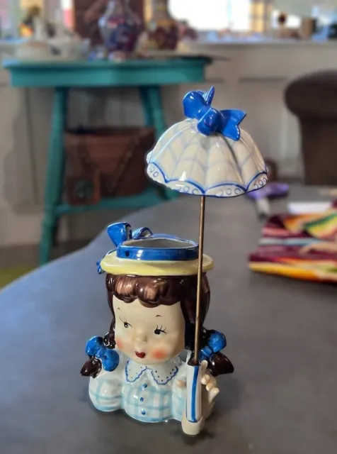 Vintage Napco Japan Parasol Umbrella Blue Girl Planter Figurine Head Vase