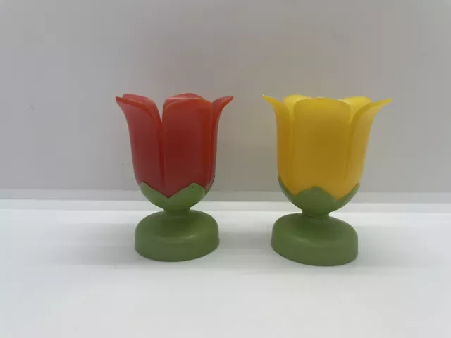 2 X Vintage Tulip Flower Egg Cups Yellow Red Green Retro Kitchenalia Kitsch