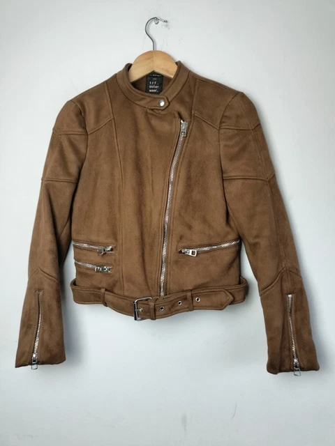 ZARA TRF BROWN Full Zip Faux Suede Belted Biker Flight Jacket