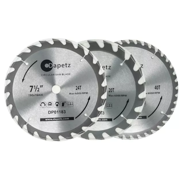 190mm 16mm Bore TCT Circular Wood Saw Blade 20-40 Teeth Cutting Disc Wood 3Pcs