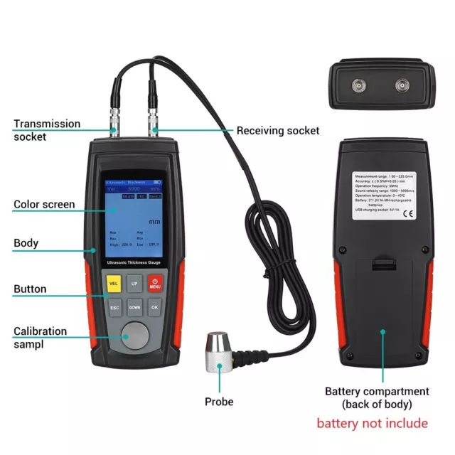 Digital Ultrasonic Thickness Gauge Meter Tester 1.0-225mm Tool for Metal Glass 2