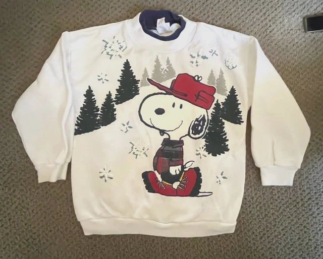 Vintage 90s Snoopy Kids Christmas Sweatshirt Sweater Snowflakes Pine Trees SZ 5