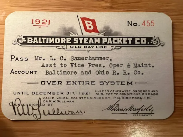 1921 Baltimore Steam Packet Co. Old Bay Line Annual Pass Entire System - Hh64