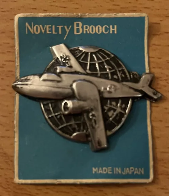 Vintage METAL AIRPLANE BROOCH PIN ~ MADE IN JAPAN ~ WWII Era NOS Original Card