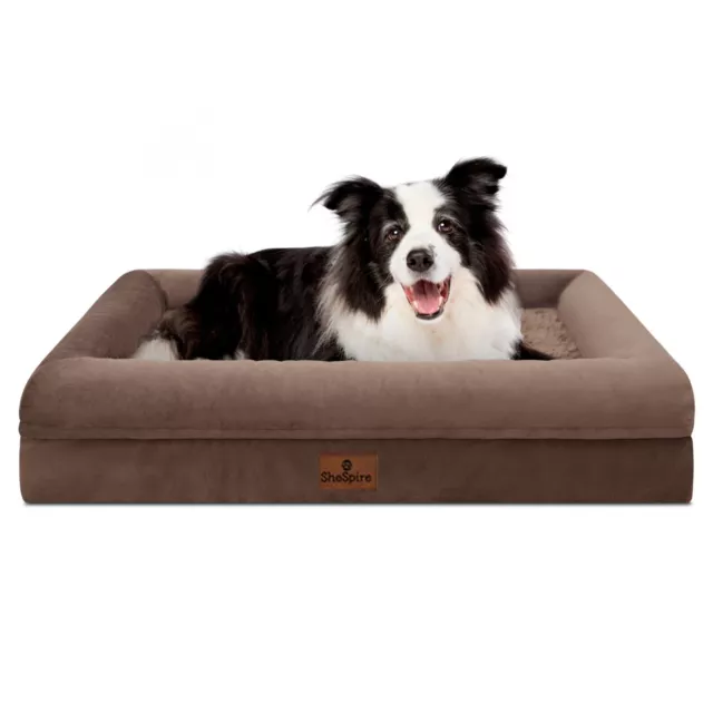 Brown Orthopedic Foam Large Dog Bed 4-Side Memory Foam Bolster Pet Sofa 36x27x8"