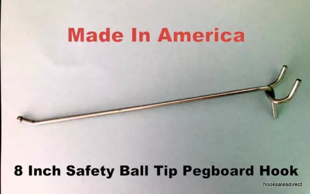 (50 PACK) USA Made 8 Inch Metal Peg Hooks. For 1/8 to 1/4" Pegboard or Slatwall