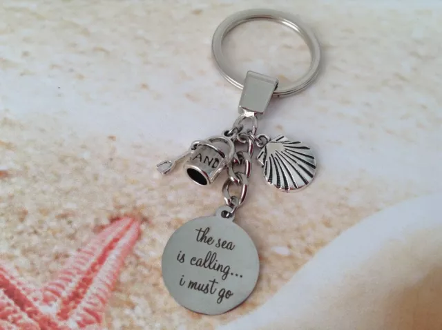 Nautical Sea Seashell Sand Bucket Spade Stainless Steel Word Charm Keyring