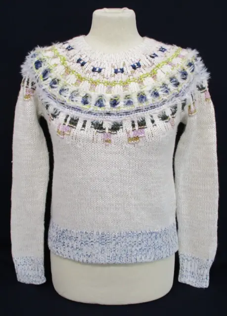 Fairisle Sweater, Icelandic Pattern Jumper, The Reeds, Grey Blue, XXS, UK 8