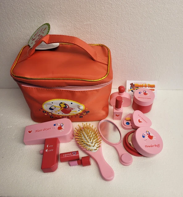 Kit trucco set vanità legno bambini con 10 accessori rosa
