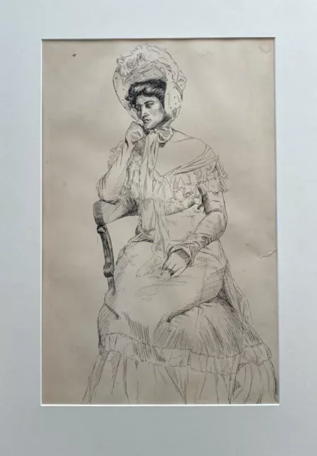Early 20Th Century Pen & Ink Drawing Depicting An Edwardian Woman In A Bonnet