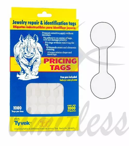 1000 Rhino Tyvek White Adhesive Dumbbell Jewelry Labeling Price Tags - 3  Styles