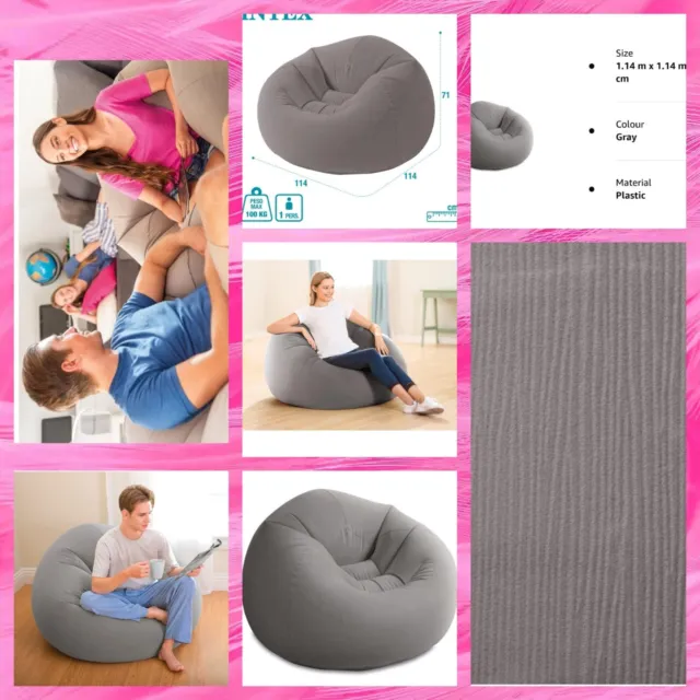 Intex Inflatable Beanless Bag Chair Round 1 Person Relaxing Lounge Seat, Grey