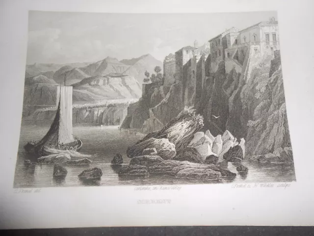 1840 Frommel Incisione Su Acciaio Veduta Di Sorrento Napoli Regno Due Sicilie