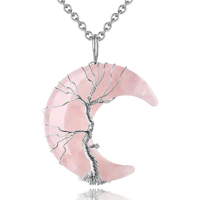 Natural Chakra Healing Crystal Necklace Tree of Life Crescent Moon Stone Pendant