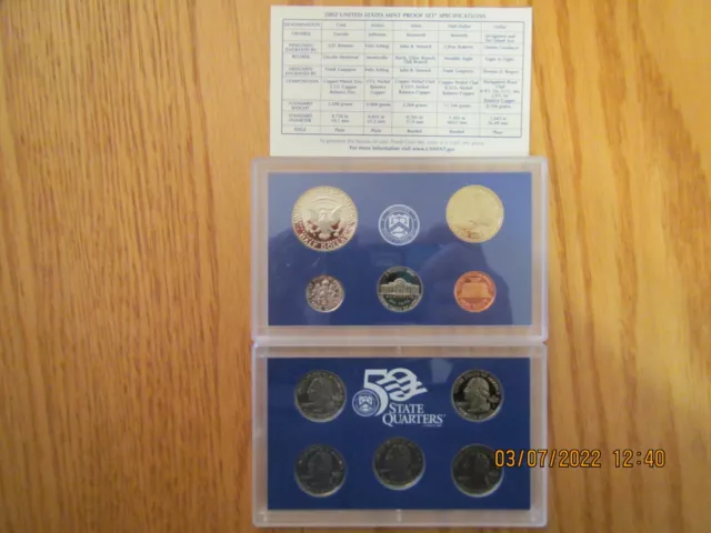 2002 US MINT PROOF SET S Mint 10 BU Coins Original Box 2002 State Quarters P02 2