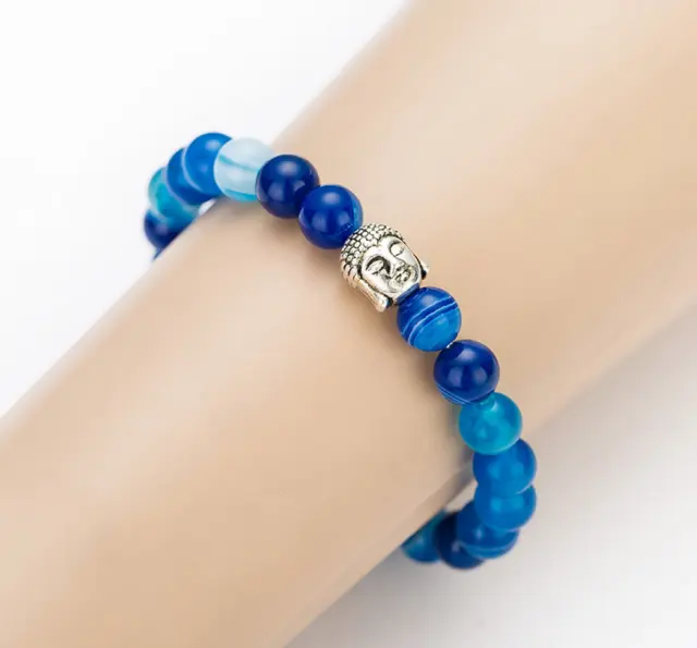 8mm Blue striped agate Gemstone Mala Stretchy Bracelets 7.5 inches Yoga