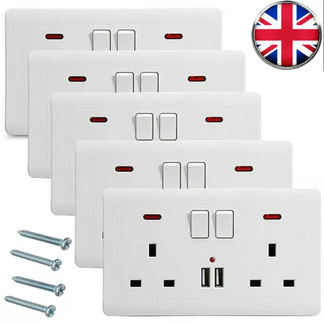 Double Wall Plug Socket 2 Gang 13A w/ 2 Charger USB Ports Outlets Flat Plate UK