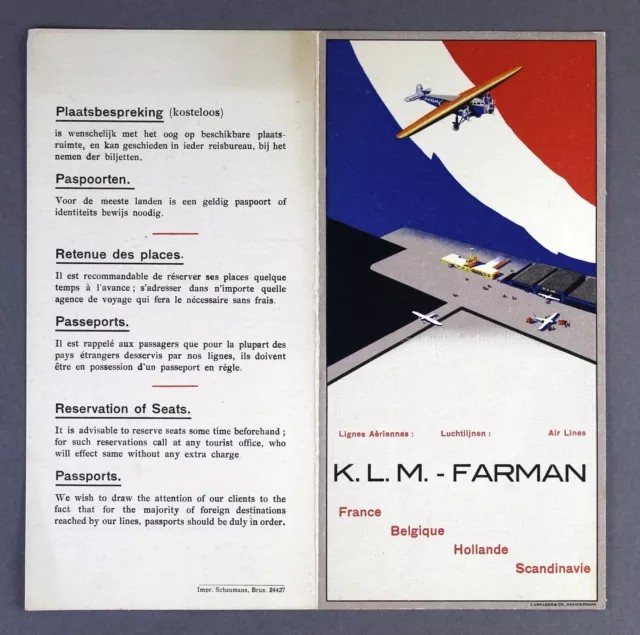 Klm Royal Dutch Airlines & Farman Airlines Flugplan Sommer 1930