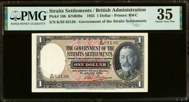 Straits Settlements 1 Dollar 1935 P-16b PMG 35 Choice Very Fine