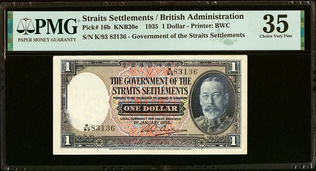 Straits Settlements 1 Dollar 1935 P-16b PMG 35 Choice Very Fine Straits Settlements 1 Dollar 1935 P-16b PMG 35 Choice Very Fine
