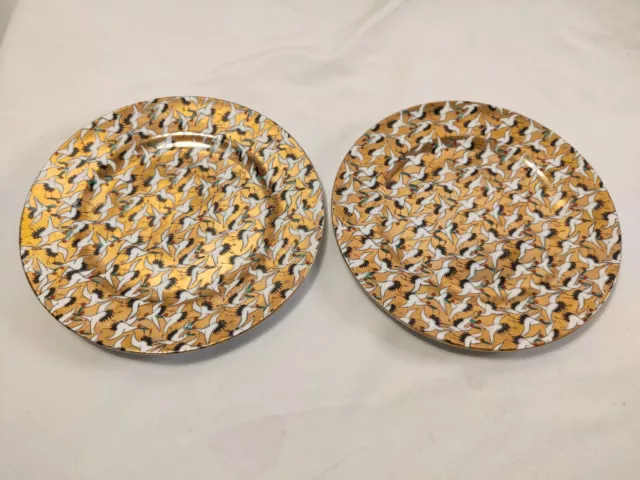 Set of 2 Japan Vintage Hand Painted THOUSAND CRANES Dessert Plate Gold 7 3/4"