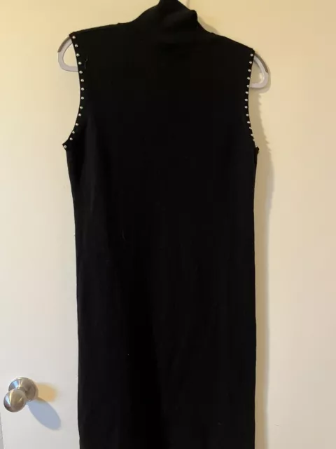 Sleeveless 100% Cashmere Black Gold Beaded Sheath Mock Neck Party Dress Slit  M 3