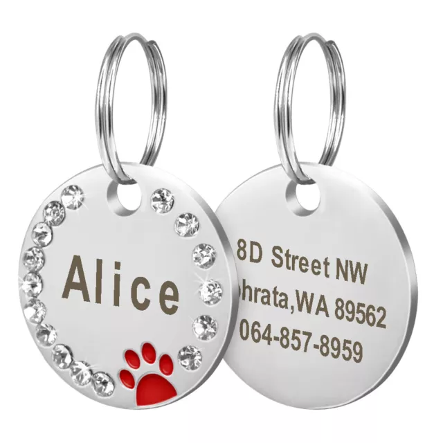 Étiquettes canines gravées disque disque mignon patte strass personnalisé chat animal de compagnie étiquette nom 3