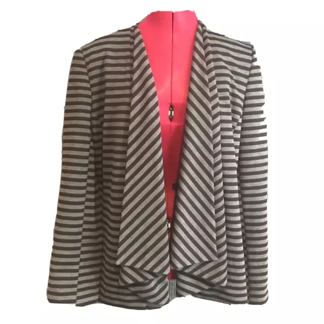 Tahari ASL Blazer Women’s Size 14 Grey & Black Striped Open Front Long Sleeve