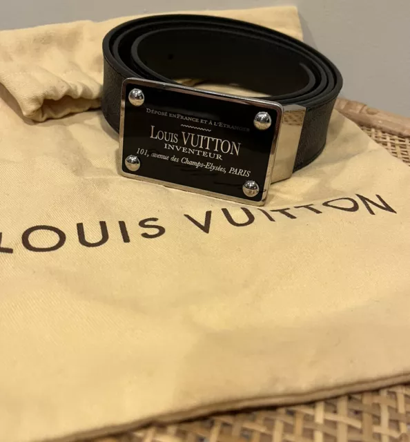 LOUIS VUITTON Ceinture Buckle Belt Black Check Pattern Size 33-36 Inch