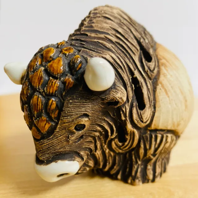 Handmade Carved Ceramic Buffalo Figurine Uruguay Signed Pottery Enamel Animal