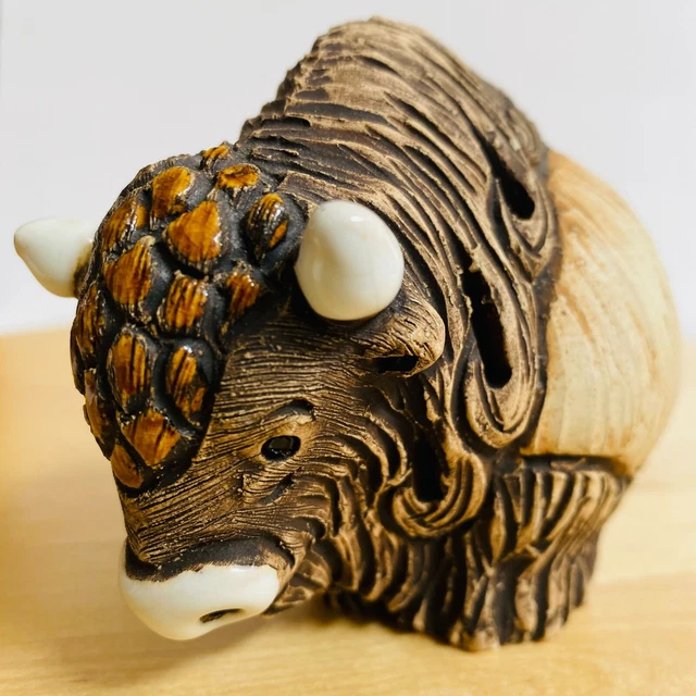 Handmade Carved Ceramic Buffalo Figurine Uruguay Signed Pottery Enamel Animal