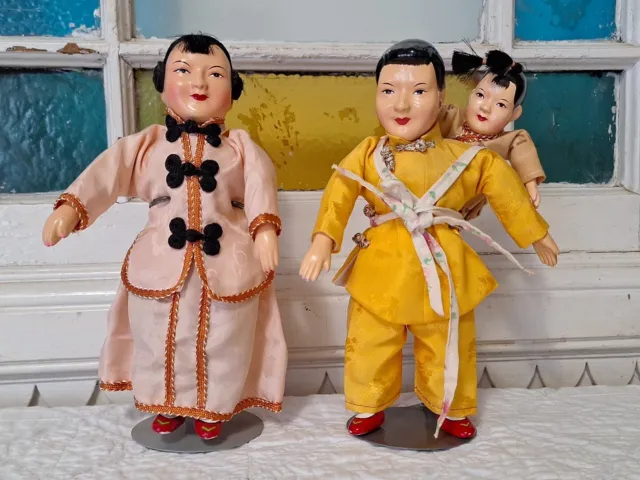 Set Of Vintage Chinese Dolls & Child 8.5" Original Post War Era Silk Beautiful