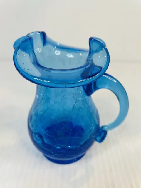 Vintage Hand Blown Blue Crackle Glass Creamer Vase Small Pitcher 4” Heritage