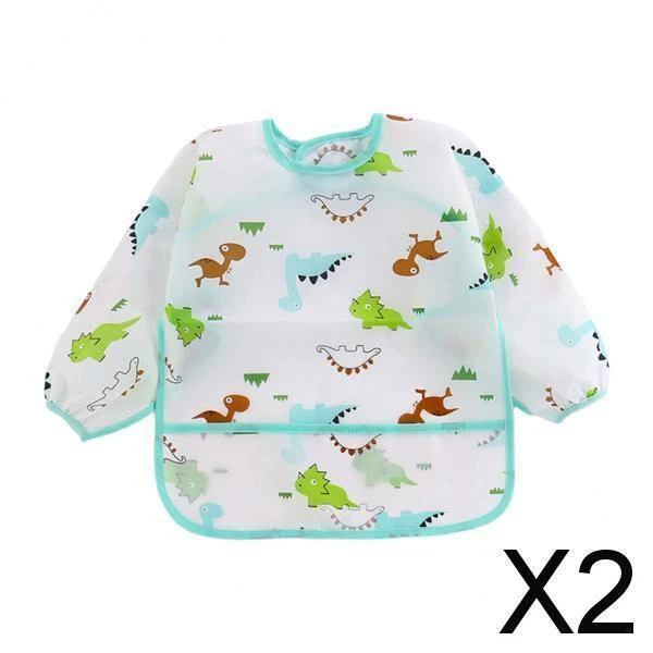 2X Tablier De Repas Imperméable à Manches Longues Pour Bébé, Dinosaure Bleu