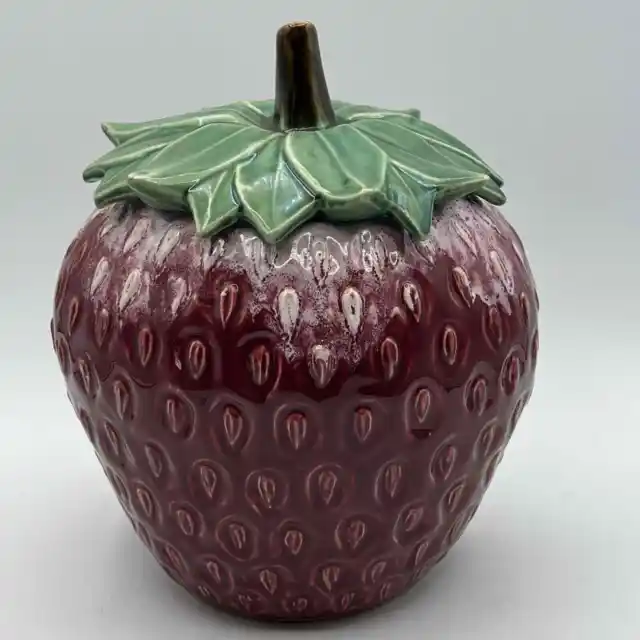 Vtg McCoy Pottery Strawberry Cookie Jar Dark Red White Glaze RARE Drip Glaze 10"