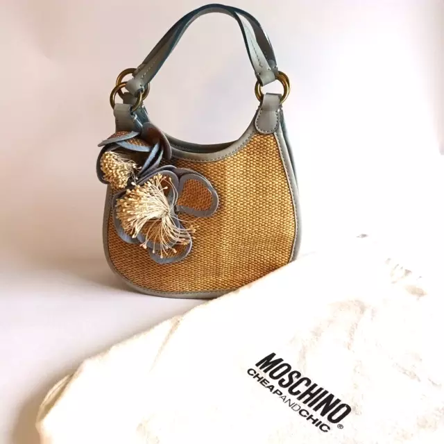 Moschino Cheap & Chic Straw & Blue Flower Hand Bag With Dust Bag