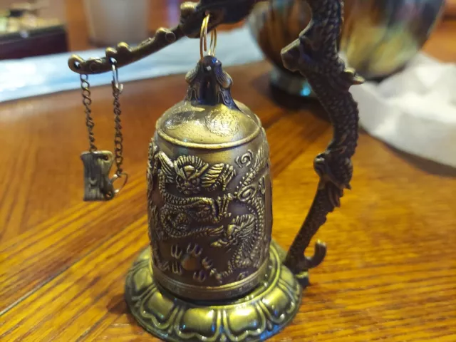 Vintage Dragon Bell 5 Inch Gothic Buddhist Brass Good Luck Charm Japan Decor