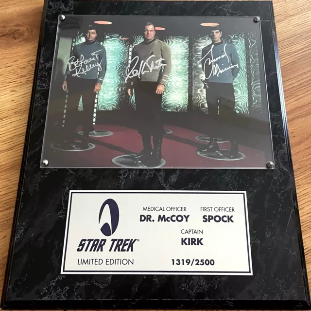 DeForest Kelley Leonard Nimoy & William Shatner signed Star Trek TOS 8x10 plaque
