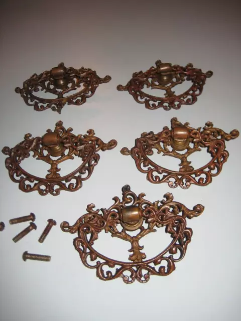 5 Antique Single Hole Ornate Drawer Pulls Handles Brass Victorian Salvage