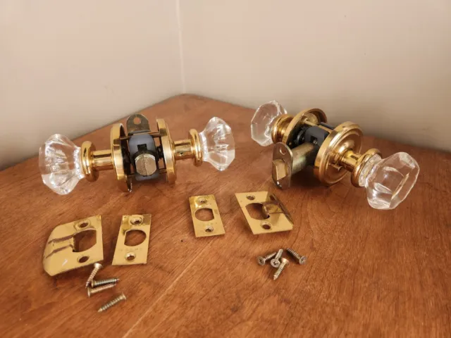 Set Of 2 EMTEK Crystal Glass Door Knob Privacy Brass Hardware Complete