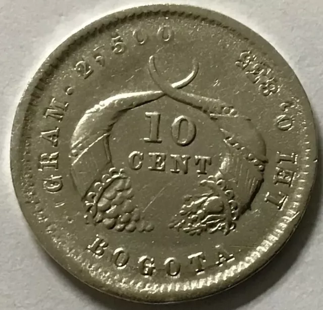 1879 Colombia 10 Centavos Silver Higher Grade