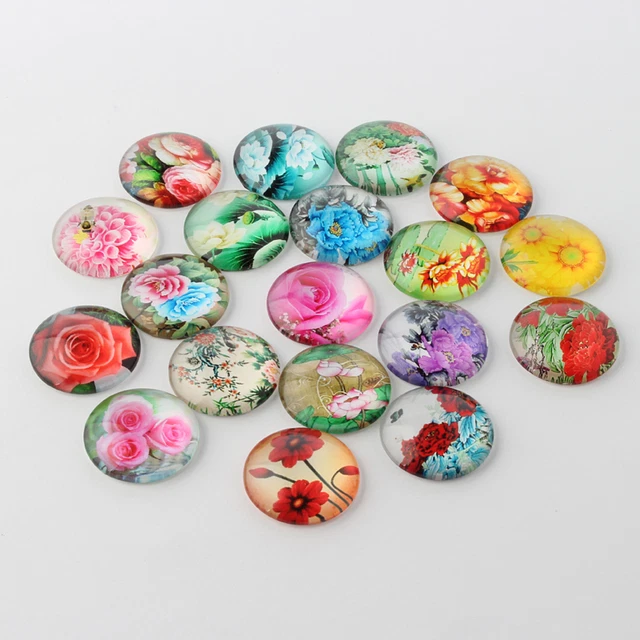 10 Stck. Blumenbedruckt Glas Cabochons, halbrunde/Kuppel, gemischter Stil 12 mm